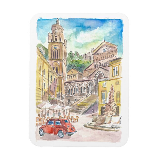 Magnet Flexible Piazza Duomo à Amalfi en voiture rouge dans le Gol (Vertical)