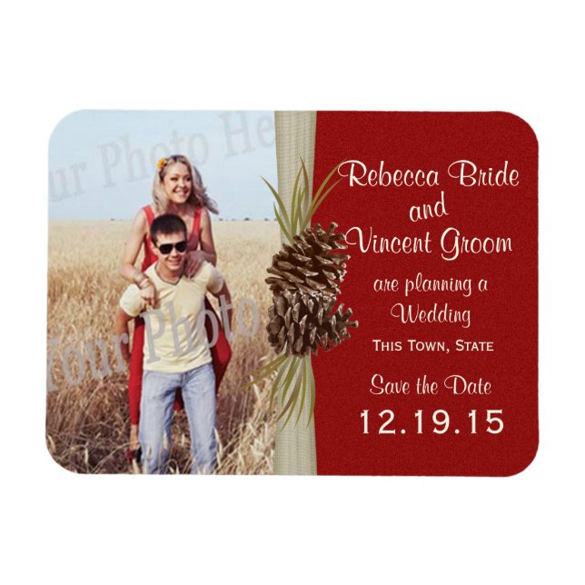 Magnet Flexible Pine Cones et Burlap Red Enregistrer la date Photo (Horizontal)