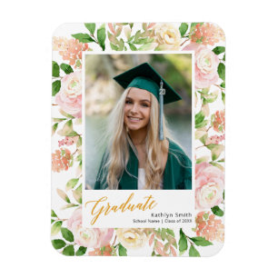 Magnet Flexible Pink Floral Green Script Girl Graduation Photo