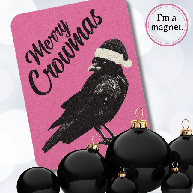 Magnet Flexible Pink Merry Crowmas Christmas Holiday  (Pink and black Christmas magnet features a cute crow with a Santa hat and the saying "Merry Crowmas")