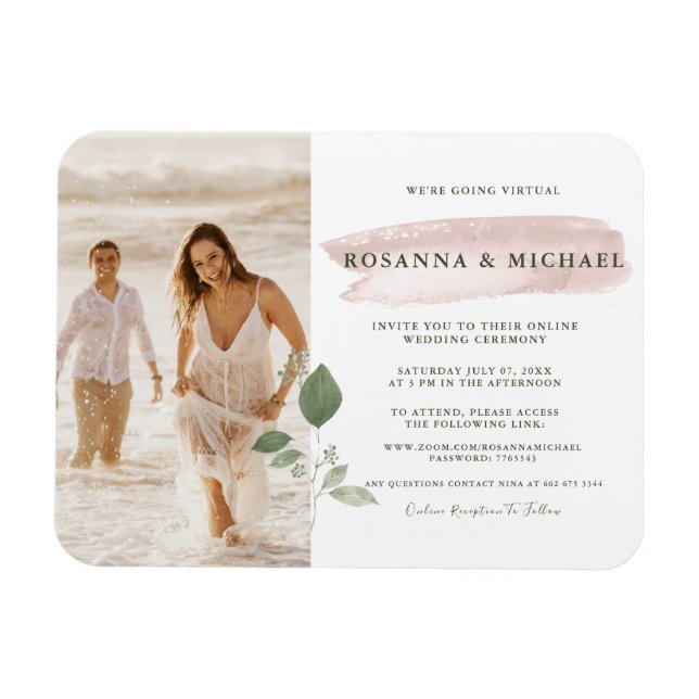 Magnet Flexible Pink Splash Aquarelle Verdure Mariage virtuel (Horizontal)