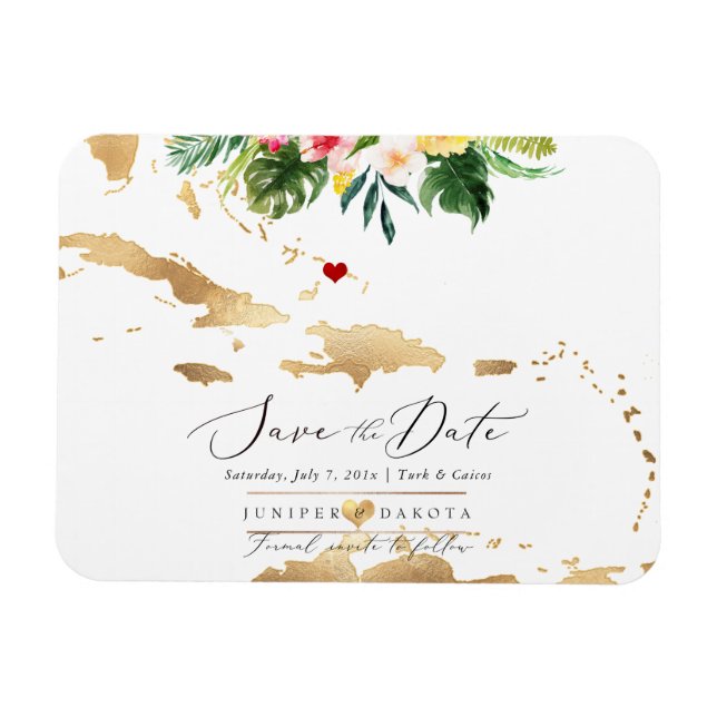 Magnet Flexible PixDezines Elegant Gold Caribbean Map Date de sauv (Horizontal)