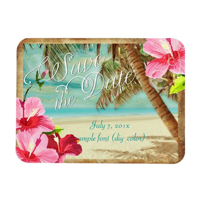 Magnet Flexible PixDezines hibiscus/plage vintage/date de sauvegar (Horizontal)