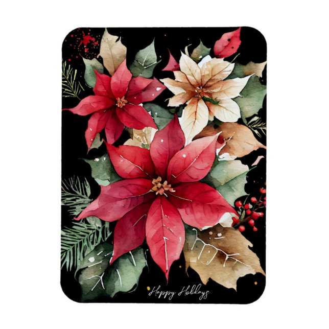 Magnet Flexible Poinsettia Holly Berry Rouge Blanc Fleur Noël (Vertical)