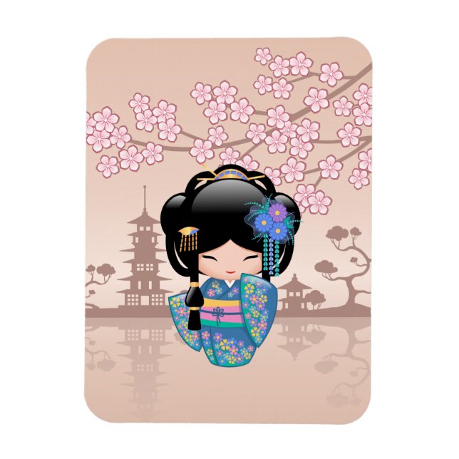 Magnet Flexible Poupée Keiko Kokeshi - Blue Kimono Geisha Girl (Vertical)