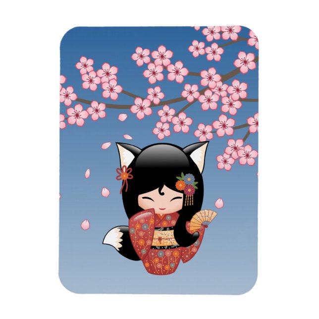 Magnet Flexible Poupée Kitsune Kokeshi - Black Fox Geisha Girl (Vertical)