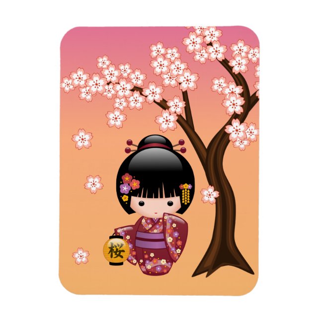 Magnet Flexible Poupée Sakura Kokeshi - Geisha Girl on Peach (Vertical)