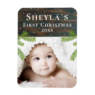 Magnet Flexible Première photo de Noël de Rustic Wood Baby
