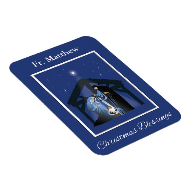 Magnet Flexible Priest Christmas Blessings, Nativity Scene on Blue (Côté Droit)