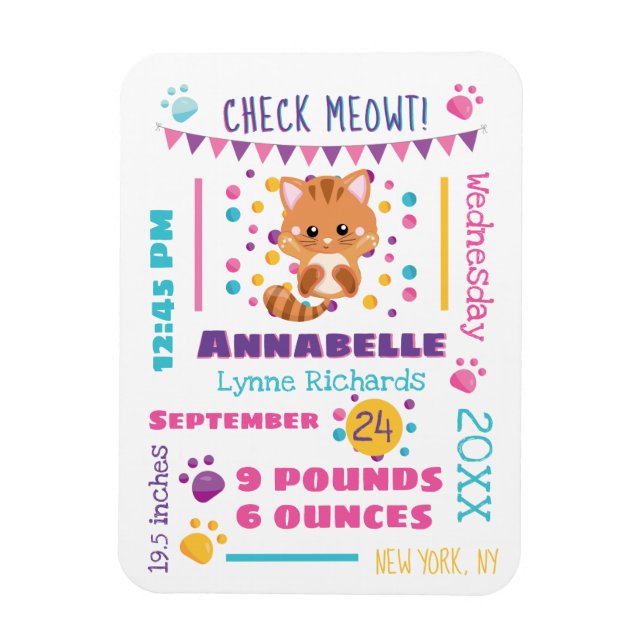 Magnet Flexible Rainbow Confetti Cute Kitty Chat Baby Statistiques (Vertical)
