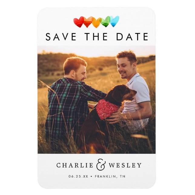 Magnet Flexible Rainbow Hearts sauvez la date avec la photo (Vertical)