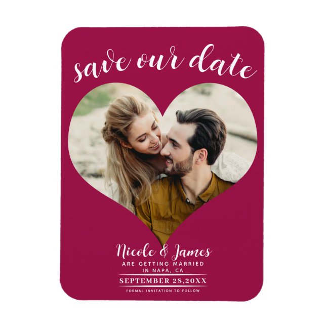 Magnet Flexible Raspberry Pink Heart Photo Wedding Enregistrer la  (Vertical)