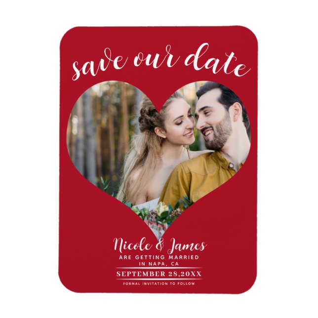 Magnet Flexible Red Heart Photo Wedding Enregistrer la date (Vertical)