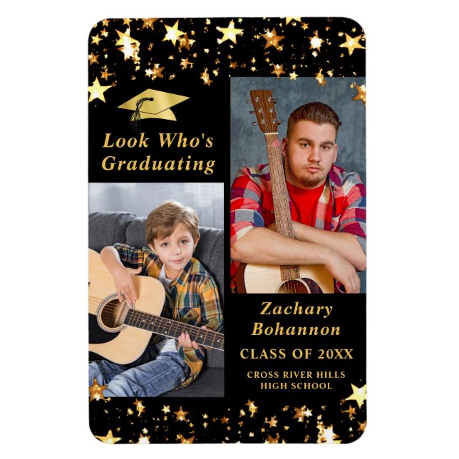 Magnet Flexible REGARDEZ QUI EST DIPLÔMÉ Black Gold Stars Photo (Vertical)
