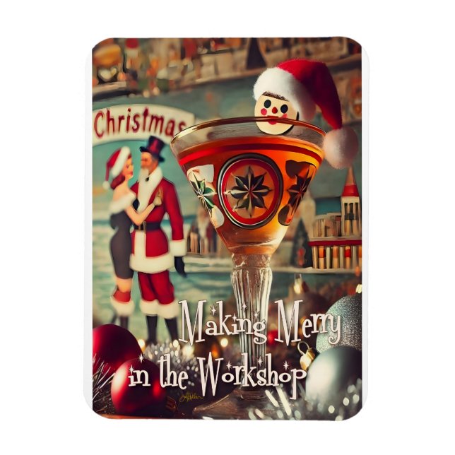 Magnet Flexible Retro 50s Cocktail Making Merry Christmas Workshop (Vertical)