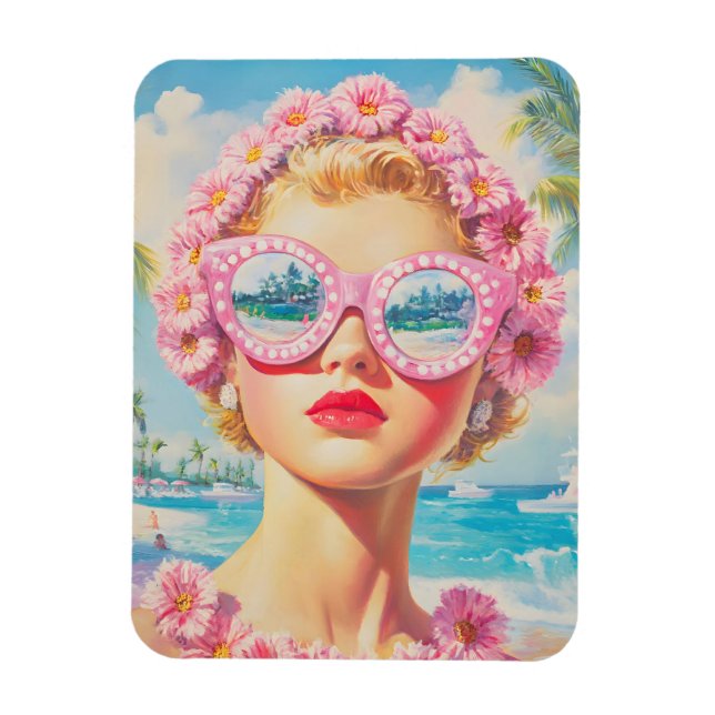 Magnet Flexible Retro Beach Girl avec lunettes de soleil florales (Vertical)