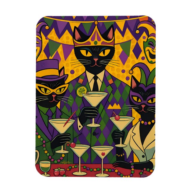Magnet Flexible Retro Futuristic Mardi Gras Black Cat Martini Club (Vertical)