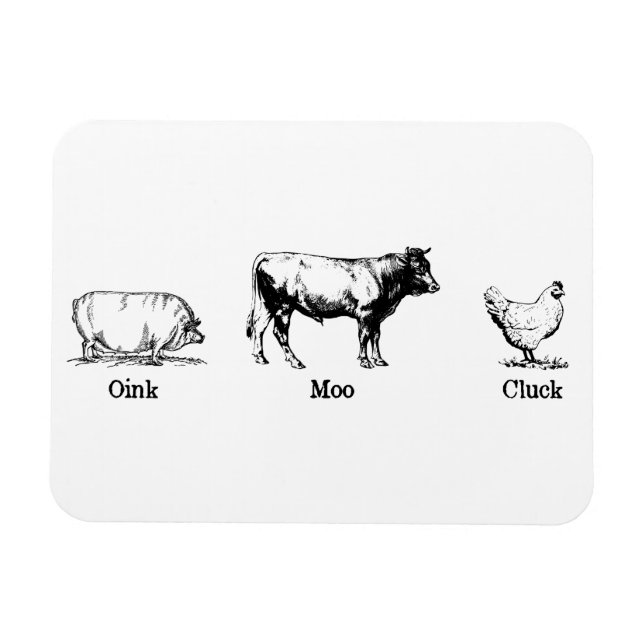 Magnet Flexible Retro Oink Moo Cluck Pig Cow poulet (Horizontal)