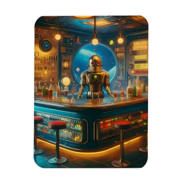 Magnet Flexible Robot Bartender in Interstellar Space Age Dive Bar (Vertical)