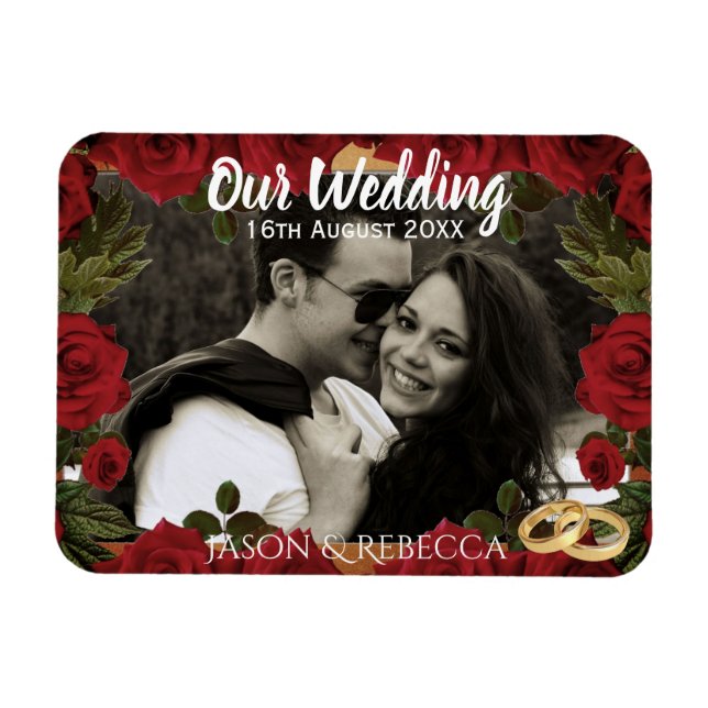 Magnet Flexible Romantic Red Roses Wedding Day Keepsake Photo (Horizontal)