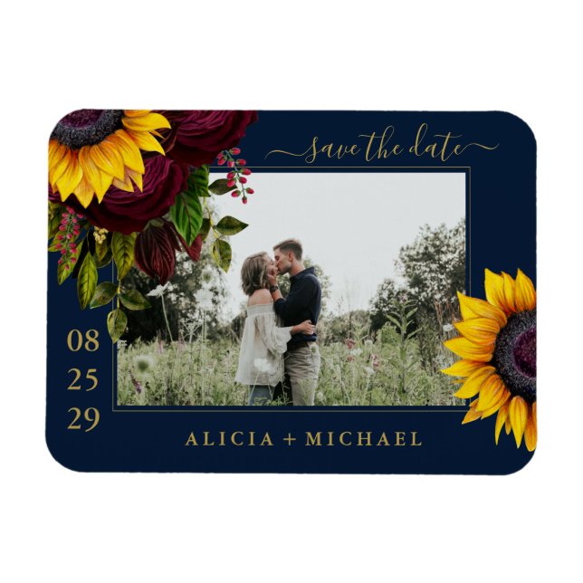 Magnet Flexible Rose de tournesol rustique script enregistrer date (Horizontal)