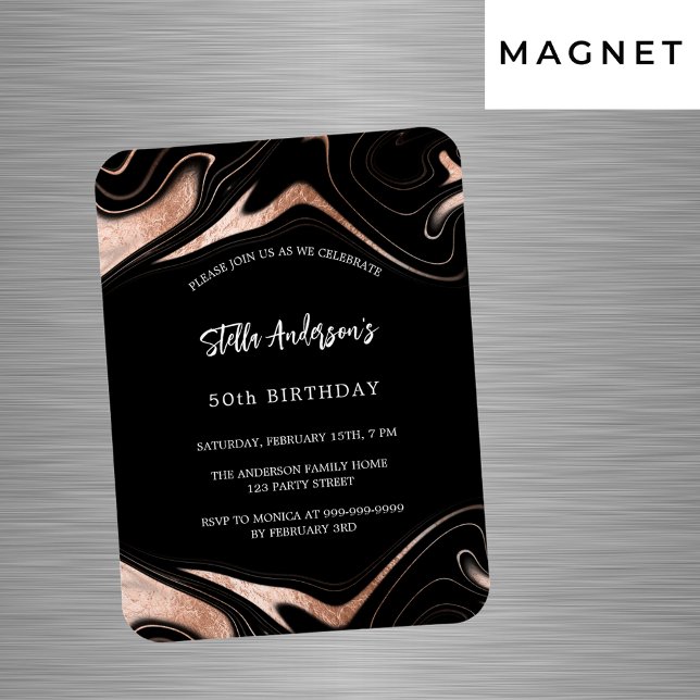 Magnet Flexible Rose noir marbre d'or luxe invitation anniversaire (Créateur téléchargé)