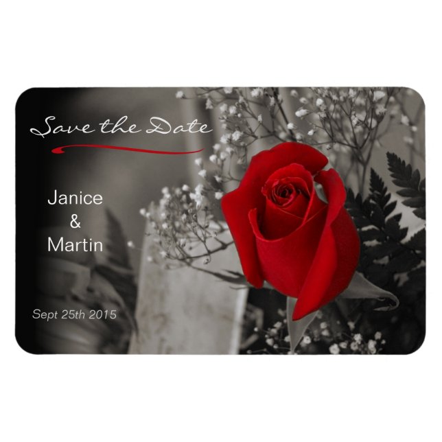 Magnet Flexible Rose rouge sur noir et blanc Enregistrer la date (Horizontal)