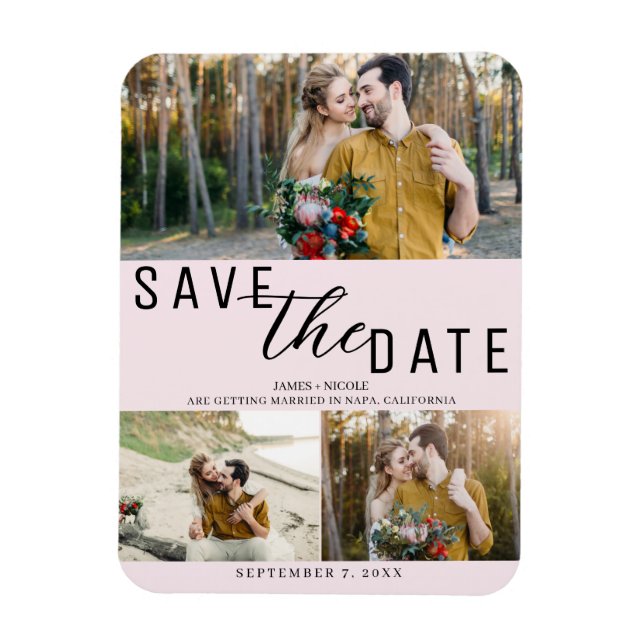 Magnet Flexible Rose vif Enregistrer la date Mariage 3 photos (Vertical)