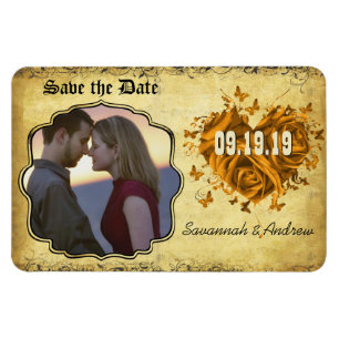 Magnet Flexible Roses et papillons Gold Heart Enregistrer la date
