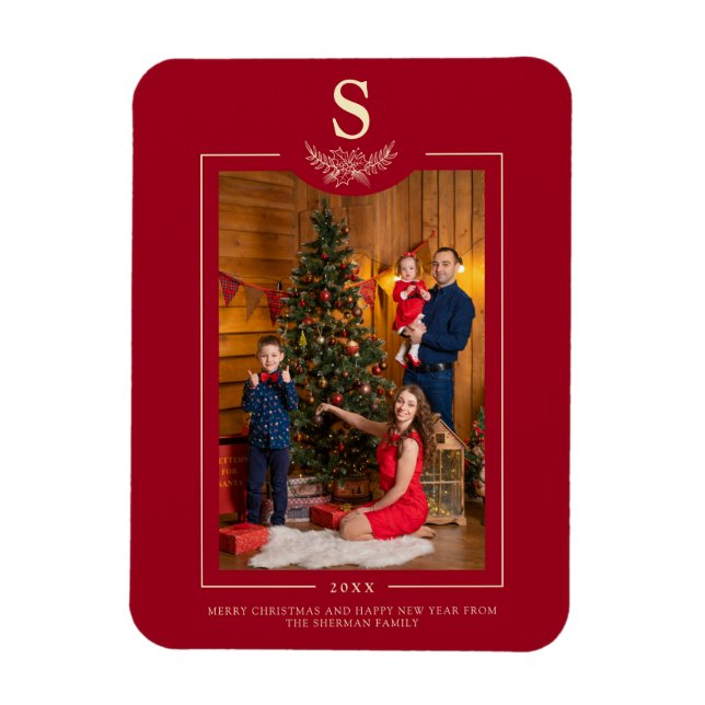 Magnet Flexible Rouge Joyeux Noël Monogramme Famille de photos (Vertical)