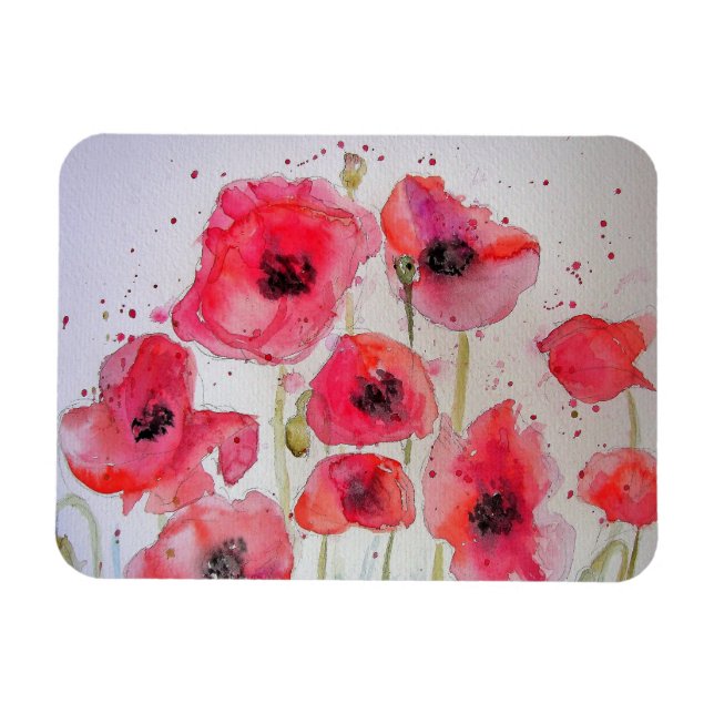 Magnet Flexible Rouge Poppies de pavot art Aquarelle Anniversaire  (Horizontal)