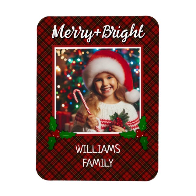 Magnet Flexible Rouge tartan plaid Photo personnalisée Noël (Vertical)