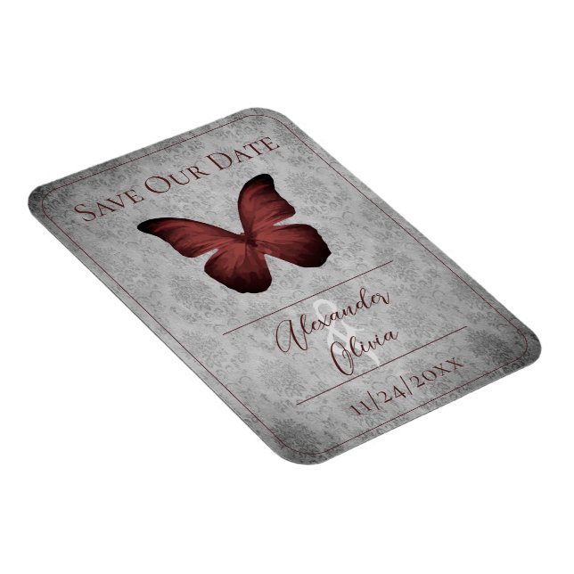 Magnet Flexible Rouge Vintage papillon Damask Enregistrer la date (Côté Droit)