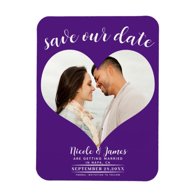 Magnet Flexible Royal Purple Heart Photo Wedding Enregistrer la da (Vertical)