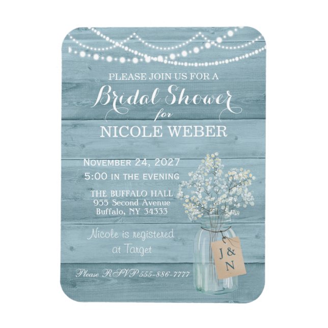 Magnet Flexible Rustic Country Mason Jar Blue Fête des mariées Inv (Vertical)