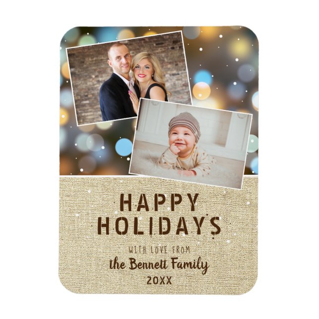 Magnet Flexible Rustic Happy Holidays Bokeh 2 Photo Collage (Vertical)