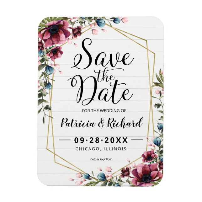 Magnet Flexible Rustique Chic Bourgogne Mariage Floral Enregistrer (Vertical)