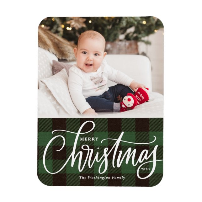 Magnet Flexible Rustique Green Plaid Joyeux Noël Photo (Vertical)