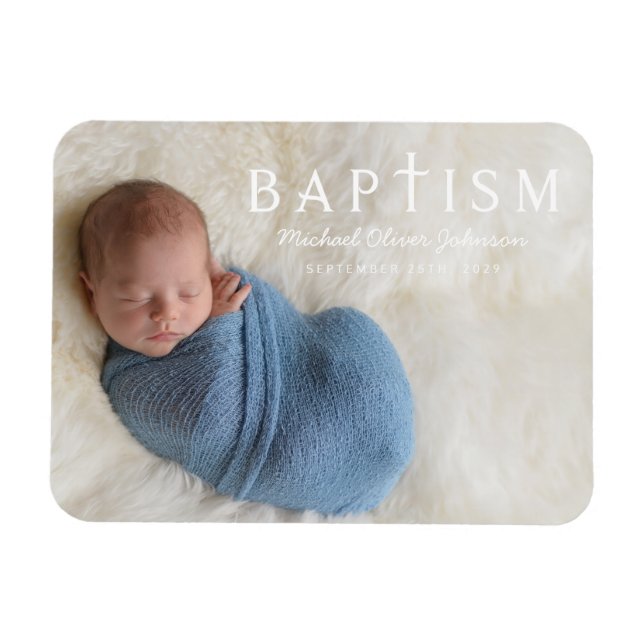 Magnet Flexible Script moderne Croix religieuse Boy Baptême Photo (Horizontal)