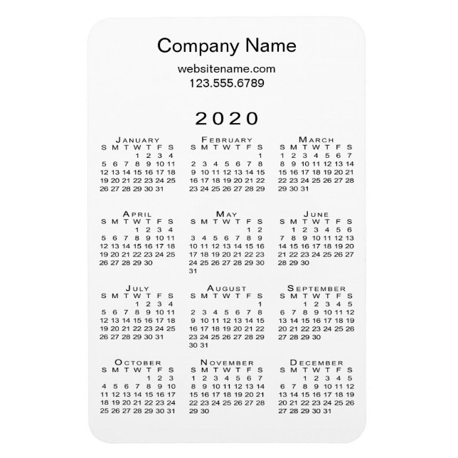 Magnet Flexible Simple White Black 2020 Calendrier Nom de l'entrep (Vertical)