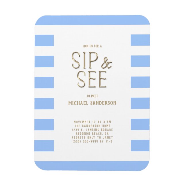 Magnet Flexible Sip et voir Baby shower Bleu Blanc rayé (Vertical)