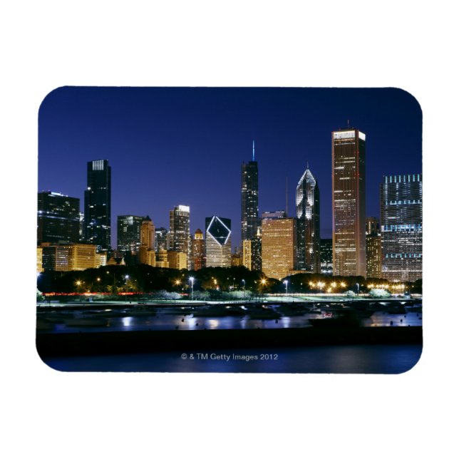 Magnet Flexible Skyline du centre-ville de Chicago la nuit (Horizontal)