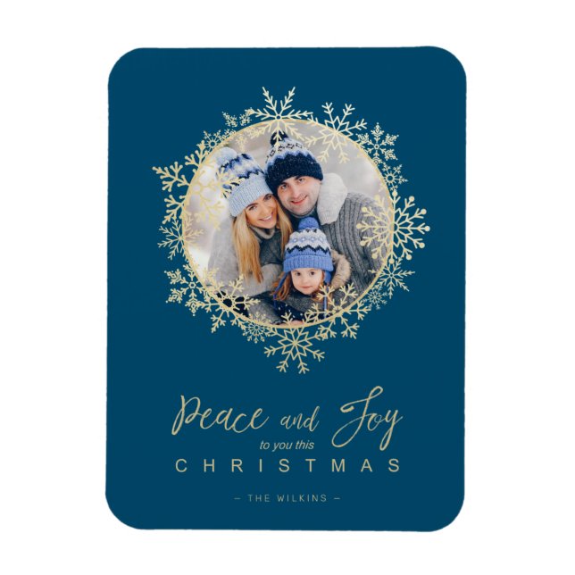 Magnet Flexible Snowflakes Gold Joyeux Noël Round Family Photo (Vertical)