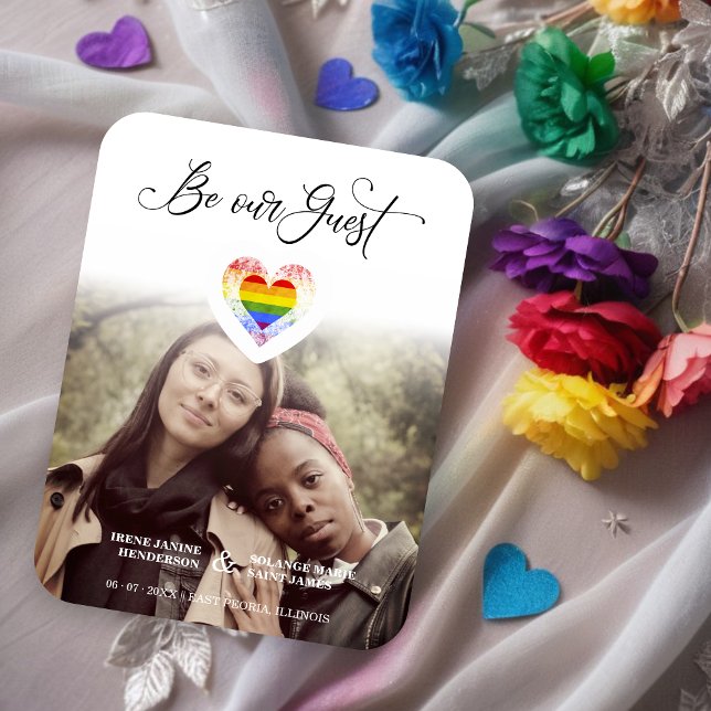 Magnet Flexible Soyez notre Guest Pride Rainbow Heart Lesbian Gay  (Be our Guest Quote Cute Pride Rainbow Heart Lesbians Gays Photo Save the Date Magnet Card. )