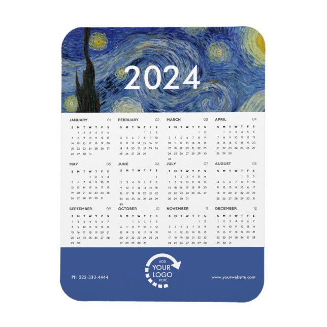 Magnet Flexible Starry Night Van Gogh Business Logo 2024 Calendrie (Vertical)