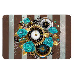 Magnet Flexible Steampunk Clock and Turquoise Roses on Striped
