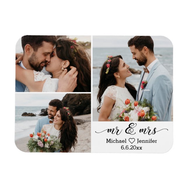 Magnet Flexible stlish m & mrs mariage 3 photo collage aimant (Horizontal)
