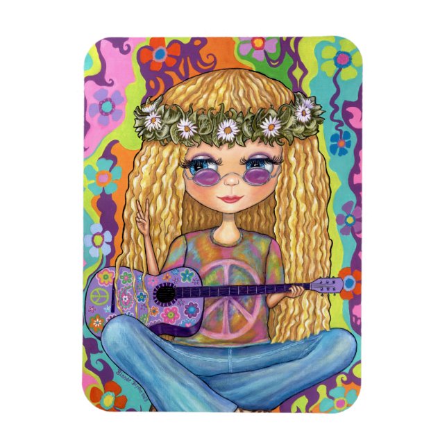 Magnet Flexible Symbole de Paix de Guitare violette Chick Hippie C (Vertical)