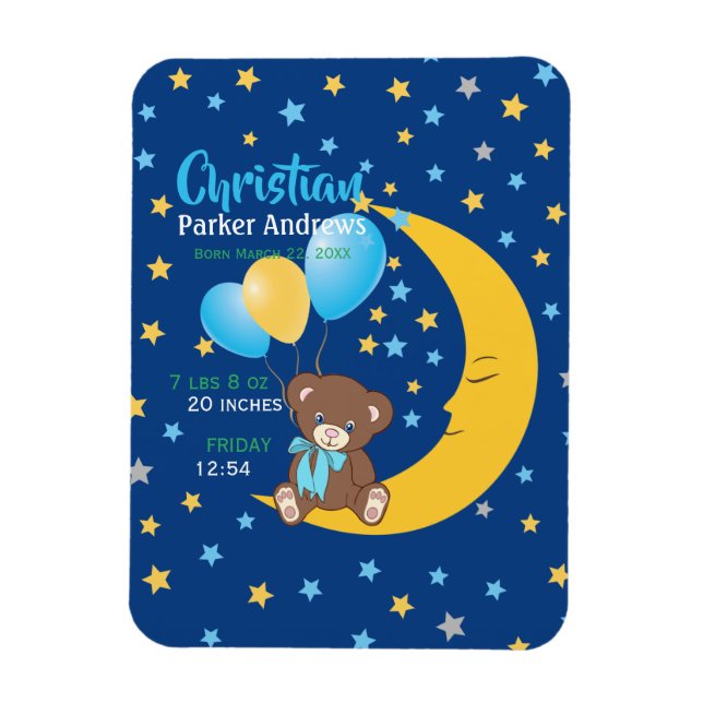 Magnet Flexible Teddy Bear assis sur la Lune Baby Birth Statistiqu (Vertical)