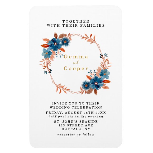 Magnet Flexible Terracotta Marine Florales Bleues Mariage Inviter (Vertical)